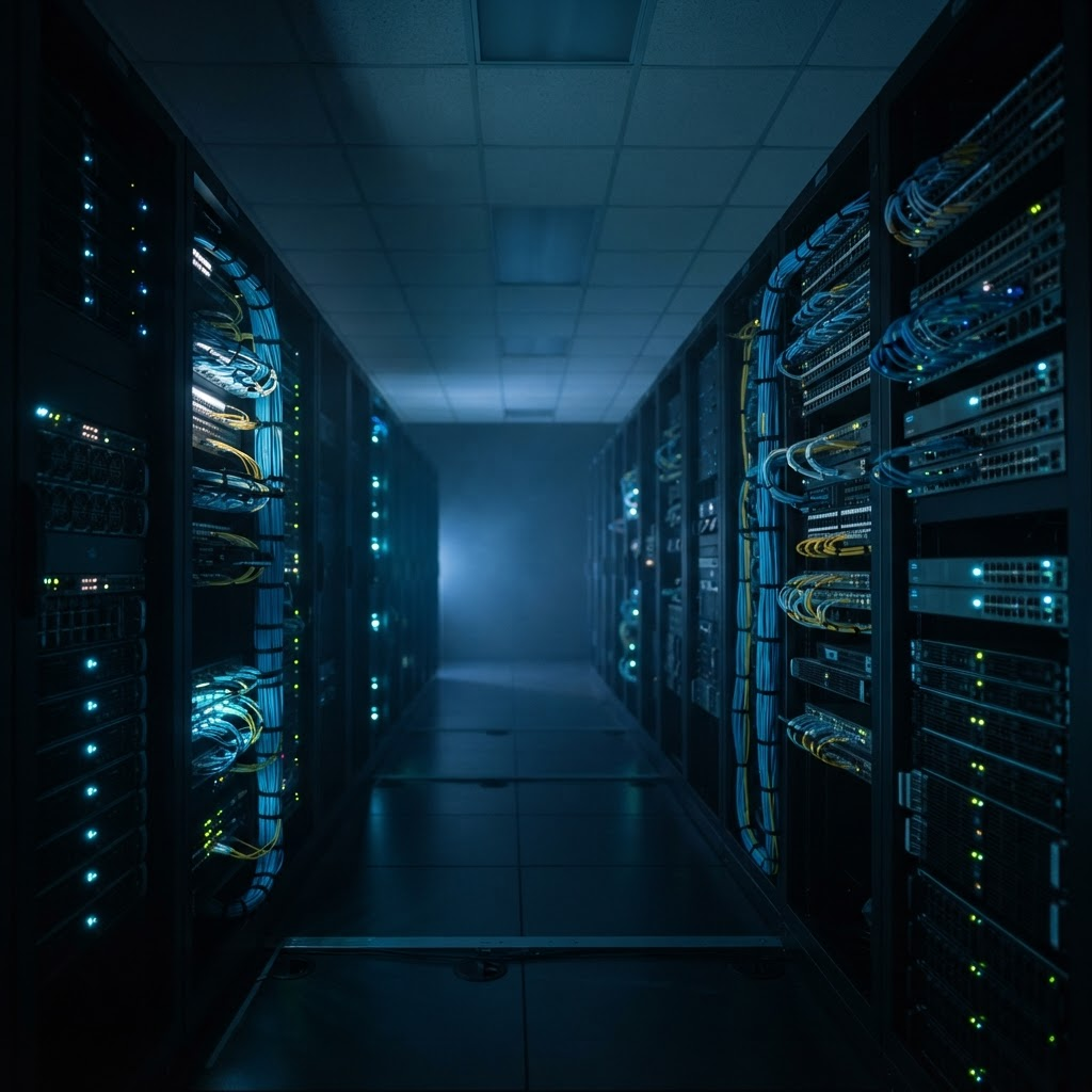 Serverraum mit Netzwerk-Racks und Glasfaser-Verkabelung